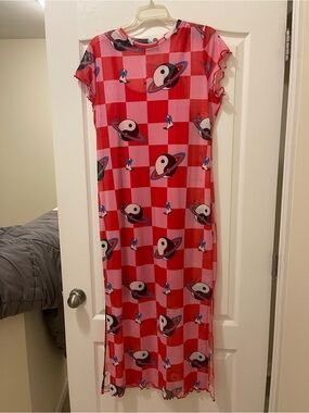 Dressed in LALA Red and Pink Yin-Yang Planet Midi Dress
